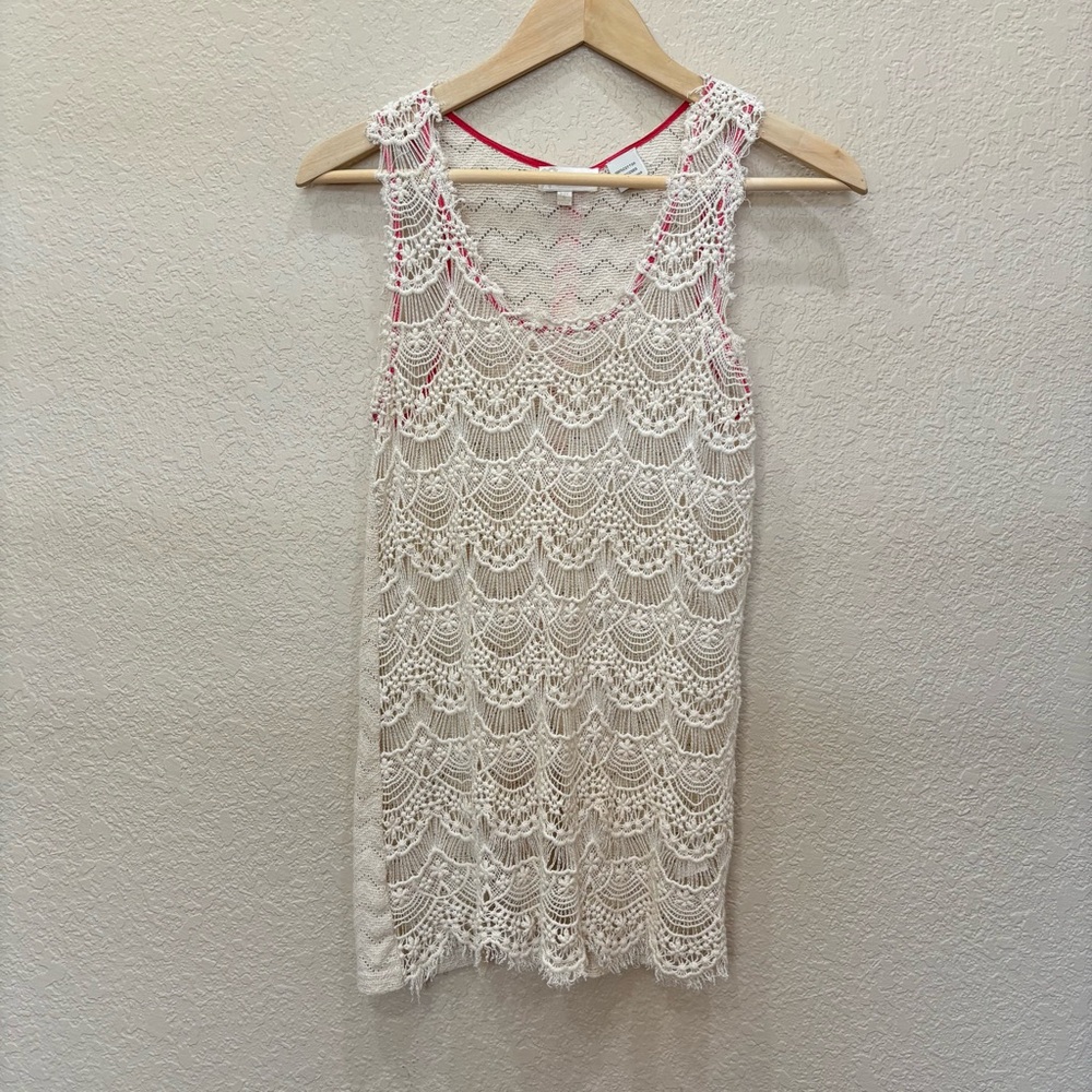 VTG Miss Me Cream Crochet Scalloped Lace Tank Top Small Boho Festival